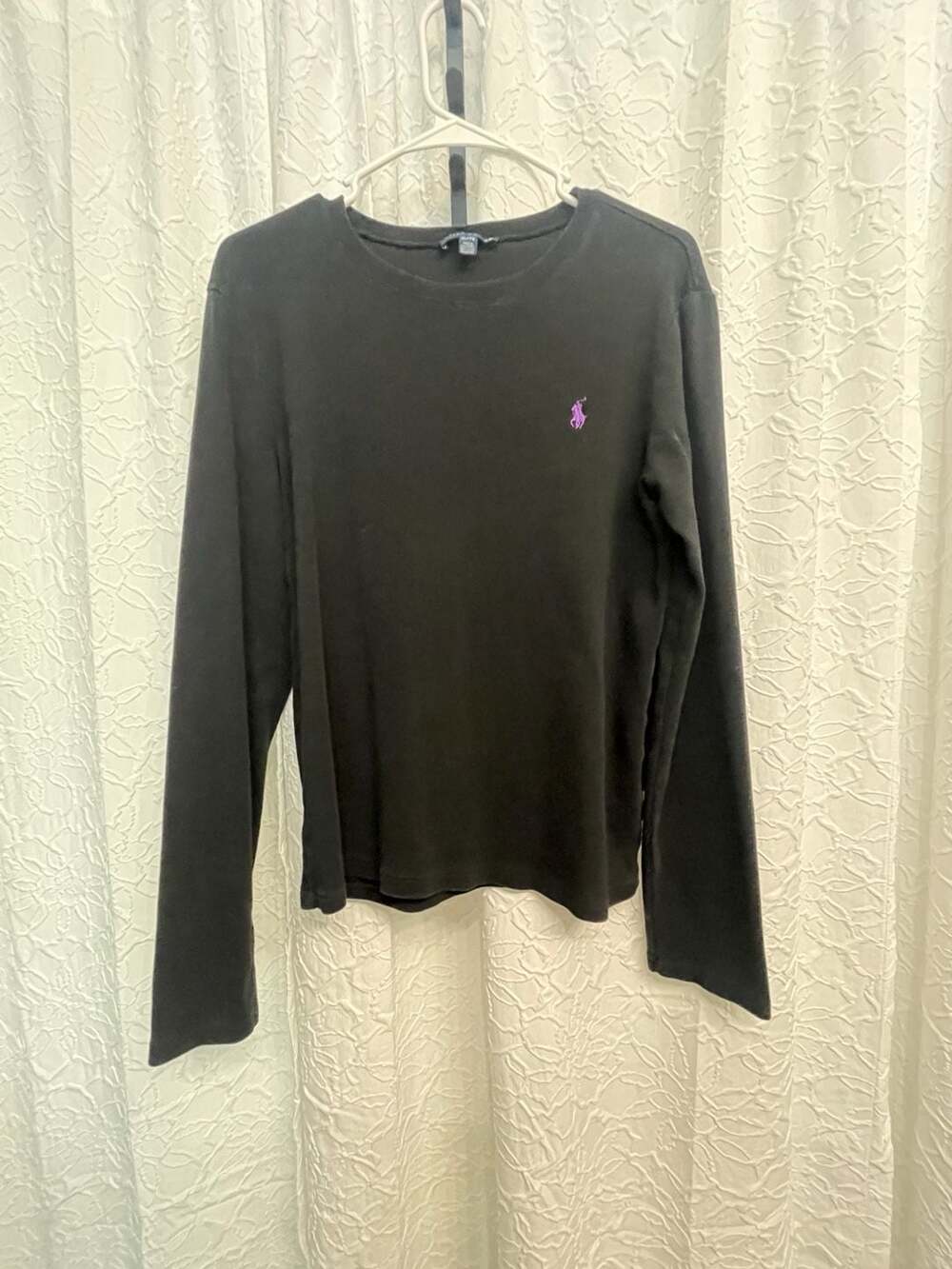 Ralph Lauren Black Long Sleeve Shirt XL Pink Pony Embroidered Knit Top VTG